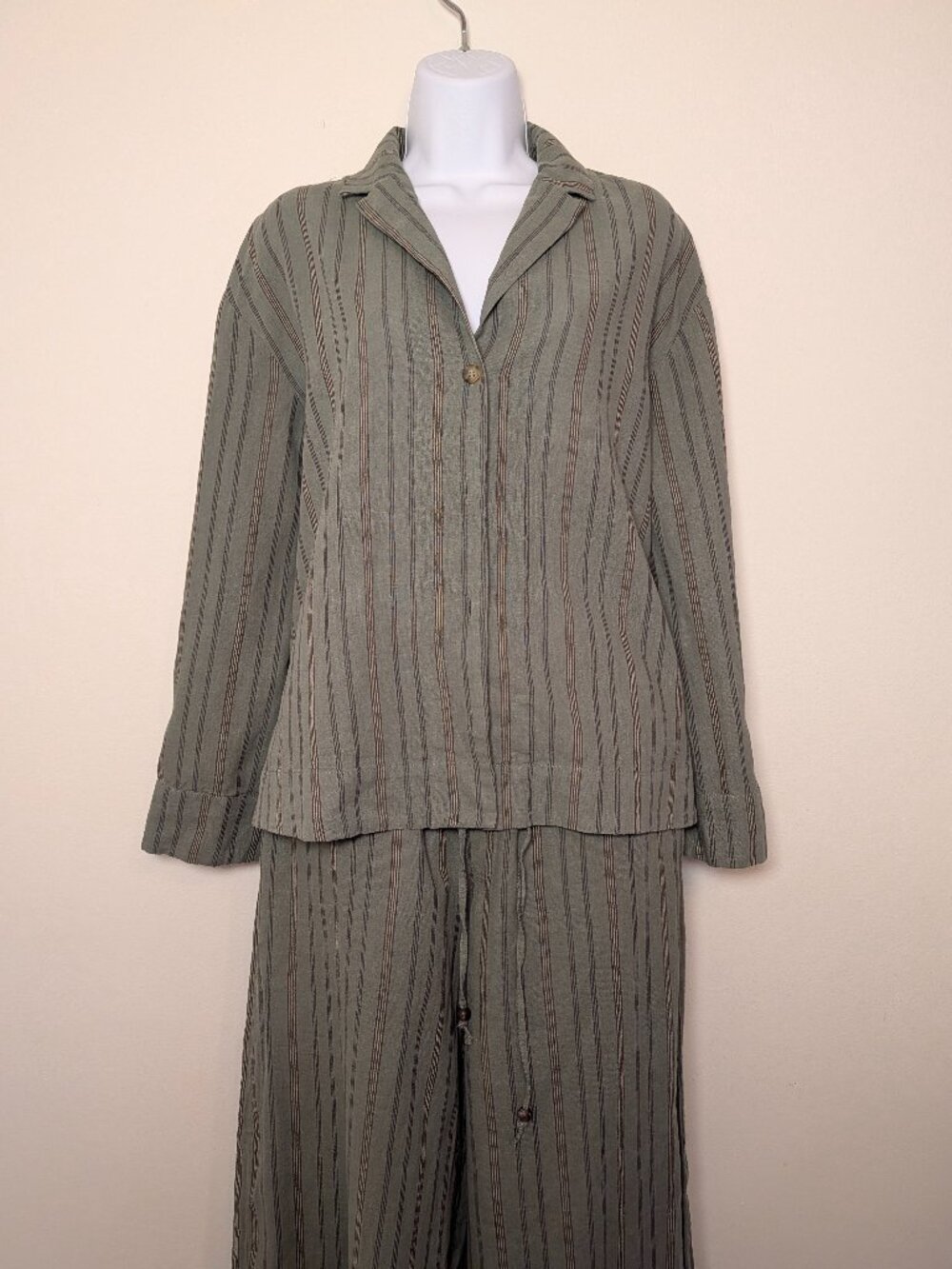 Zara Linen Blend Matching Set Womens M Green Striped Shirt & Wide Leg Pants NWT